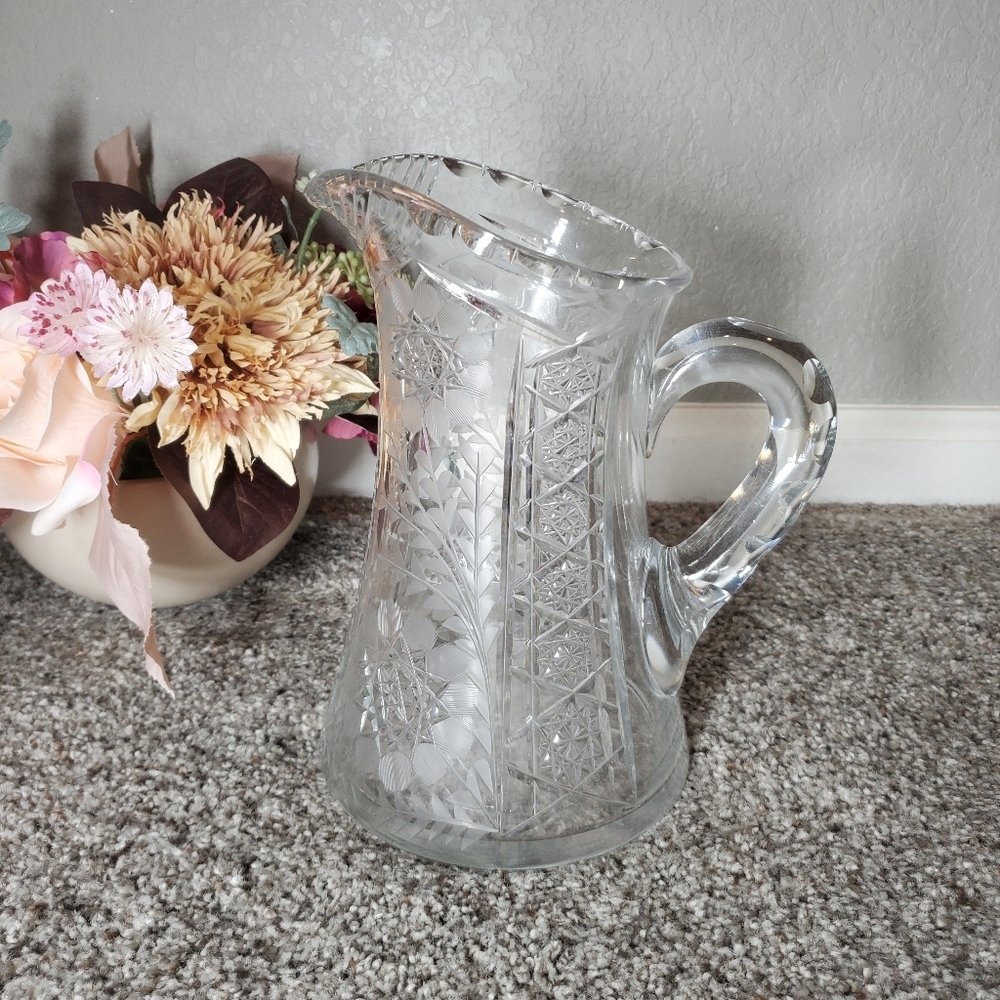 Antique Vintage American Brilliant Floral Prism-Cut Glass Pitcher EUC